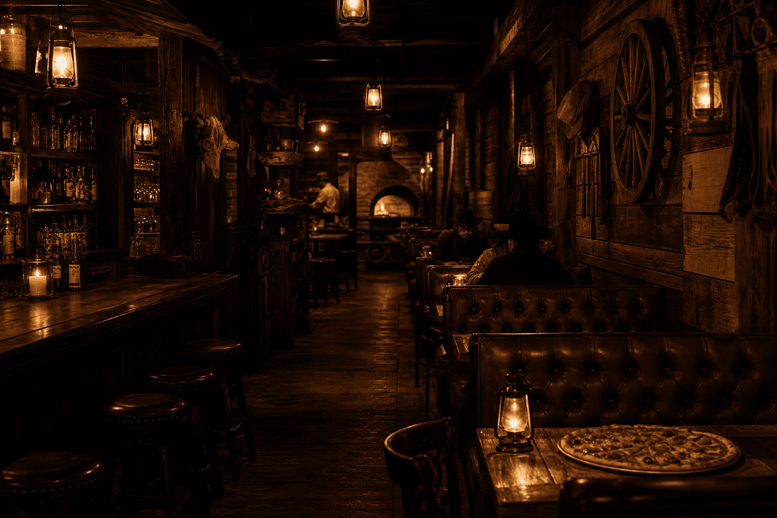 Saloon Pizzeria belső tér — sötét fa, réz fények, kemencefény