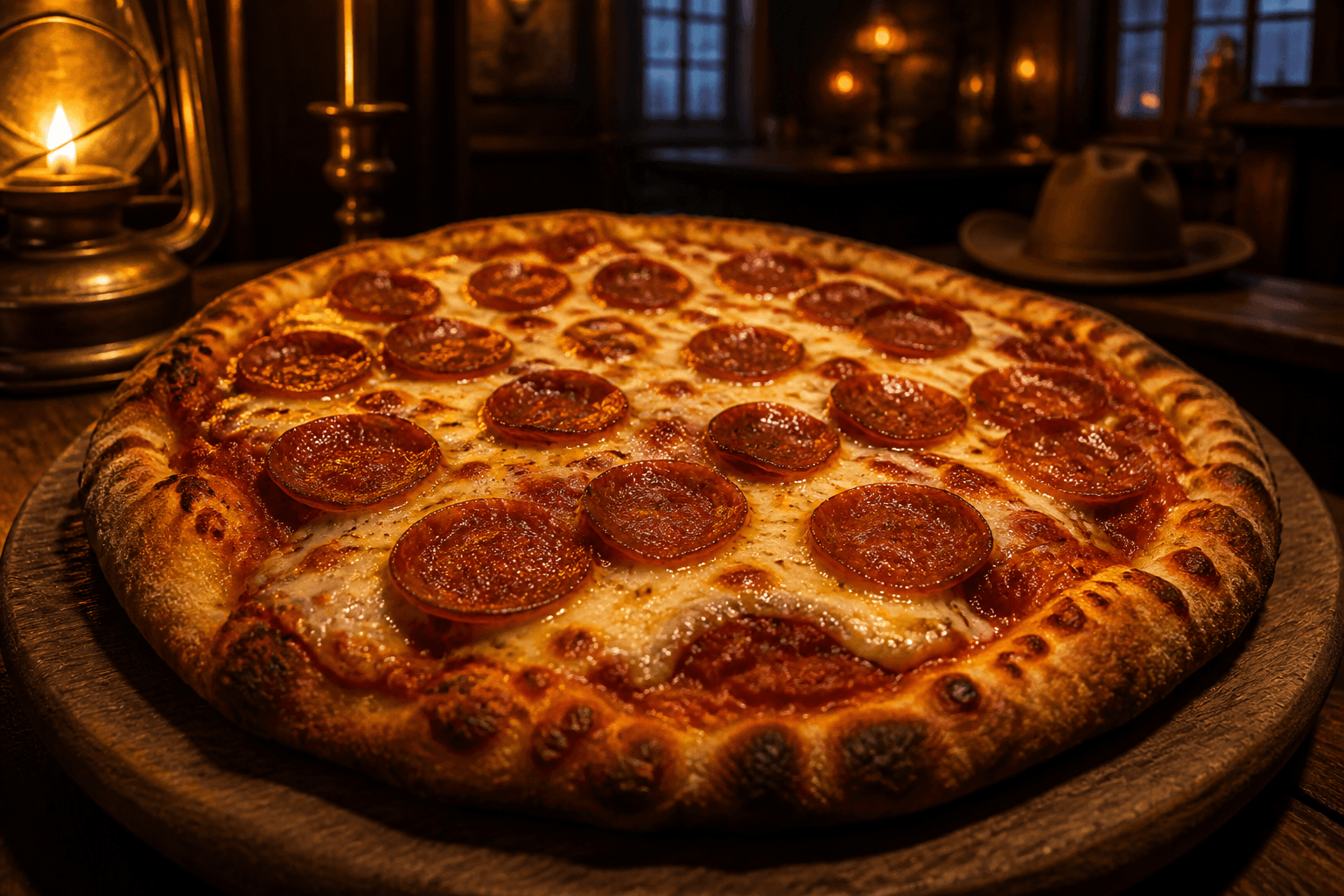 Frissen sült pizza faszeletelőn, meleg saloon fényben