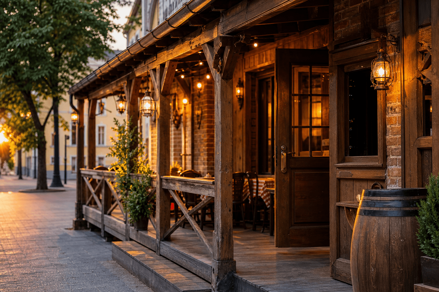 Vadnyugati stílusú pizzéria homlokzat aranyló fényben